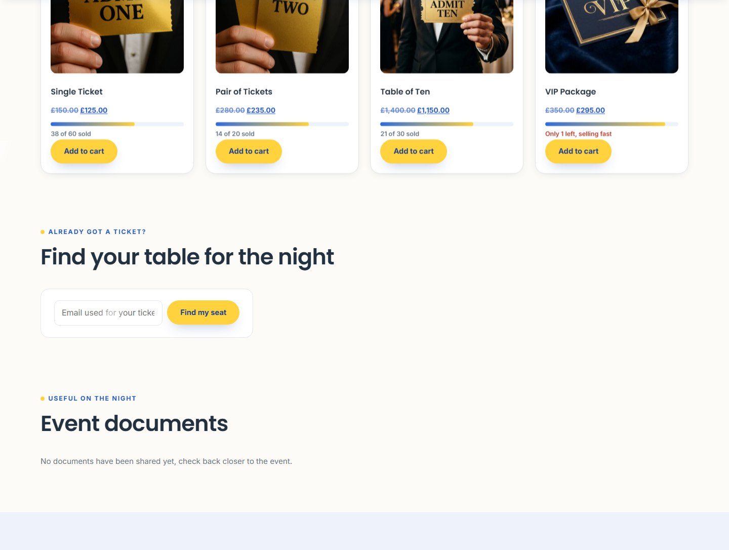 Event management software ticketing and seating screen where guests choose a ticket type and find their table