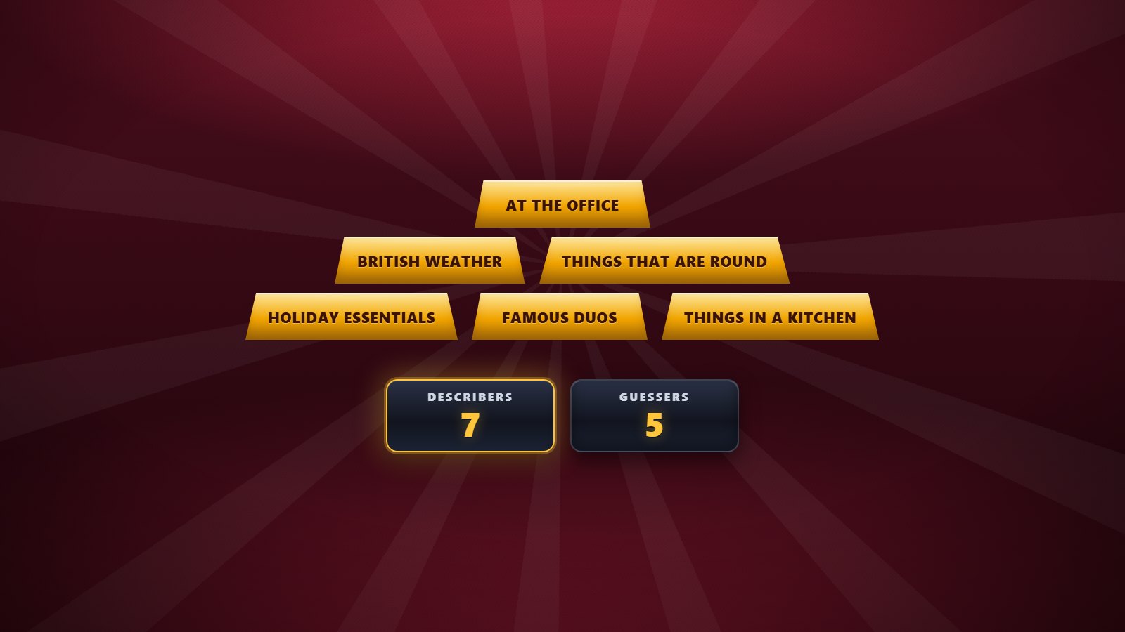 The Category Clues pyramid of six categories on the big screen