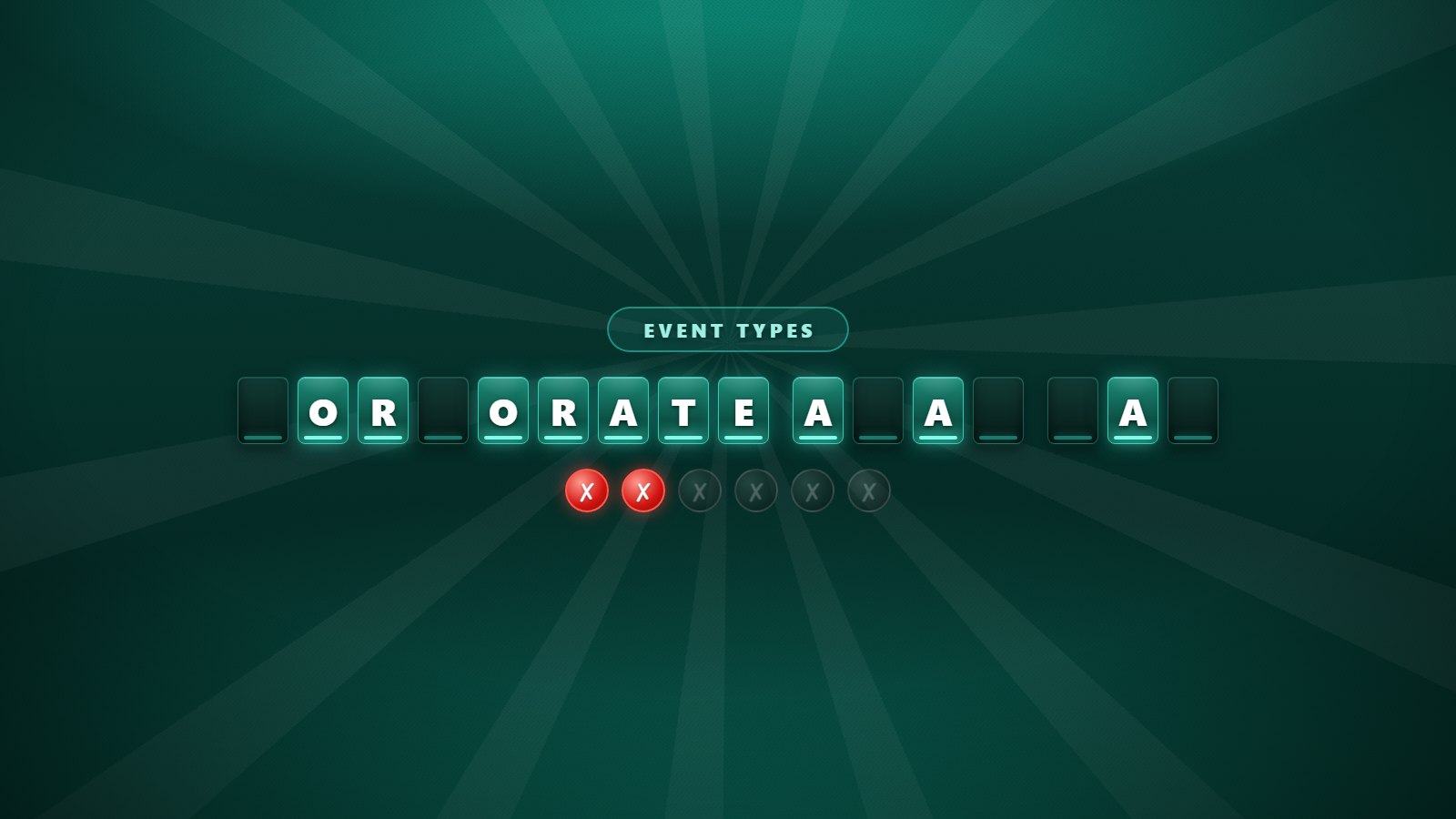 Guess the Phrase on screen with letter tiles lit up and the wrong-guess counter
