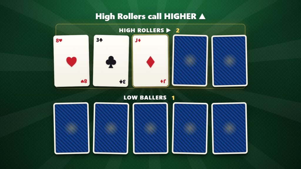 Play Your Cards Right on the big screen, a five-card row with a team calling higher or lower