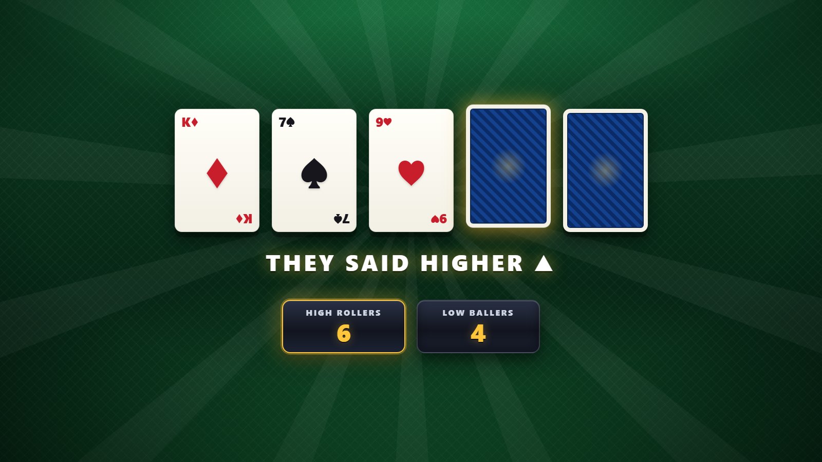 Higher or Lower on the big screen, showing giant playing cards and a team&rsquo;s call
