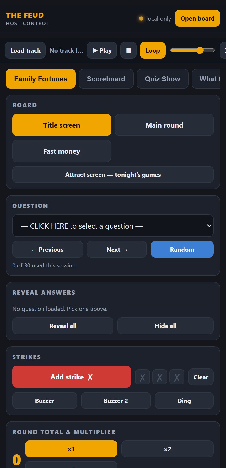 The host control panel on a phone, used to run every game from the microphone