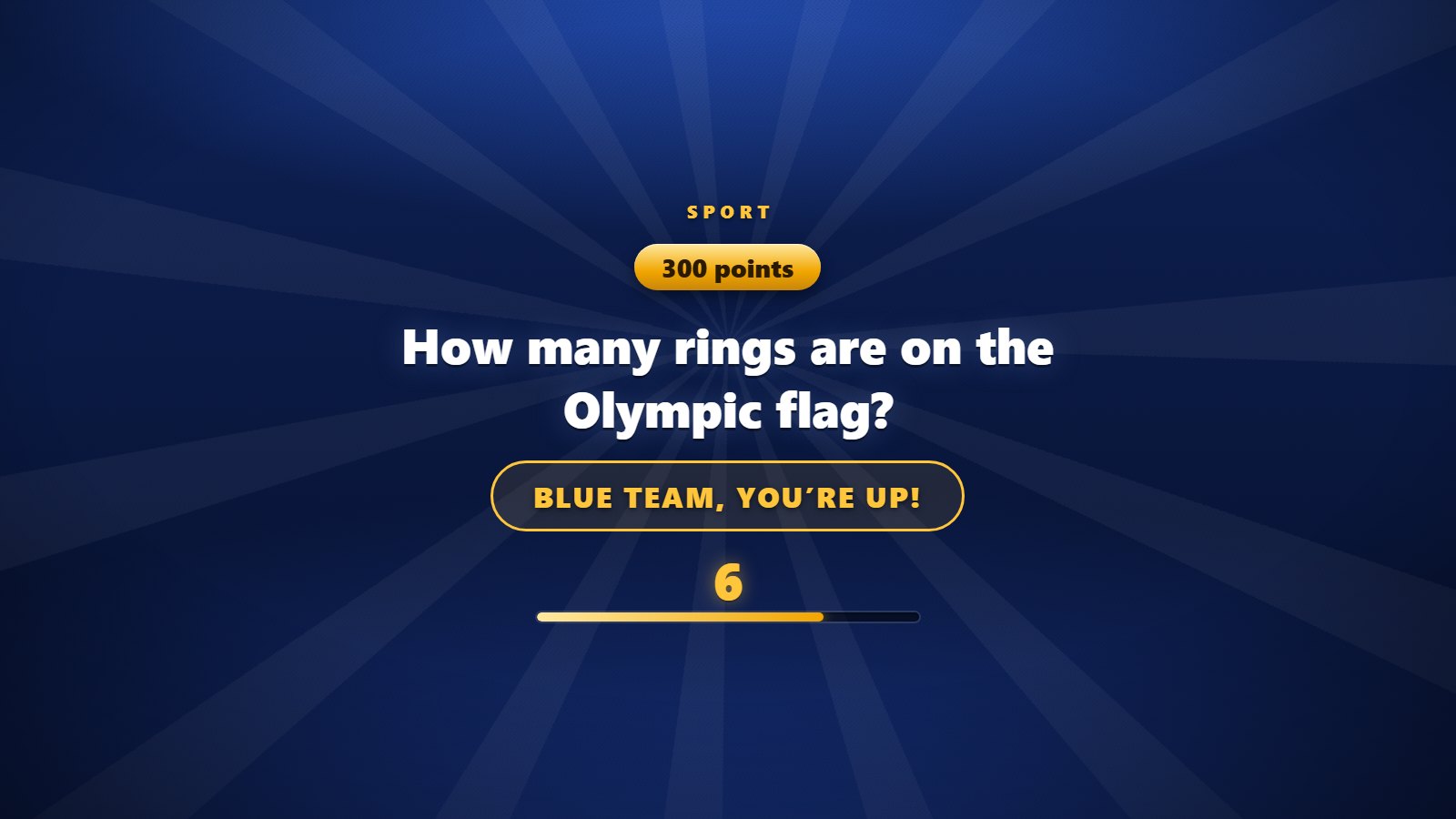 A Quiz Show question on screen with a team buzzed in and the answer countdown running