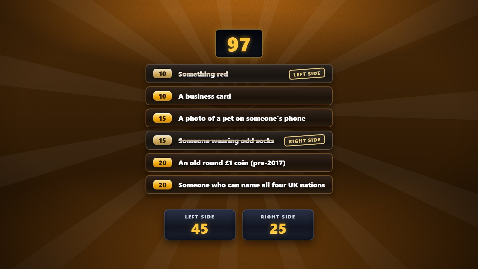 The scavenger hunt board listing items to find with point values and a countdown clock