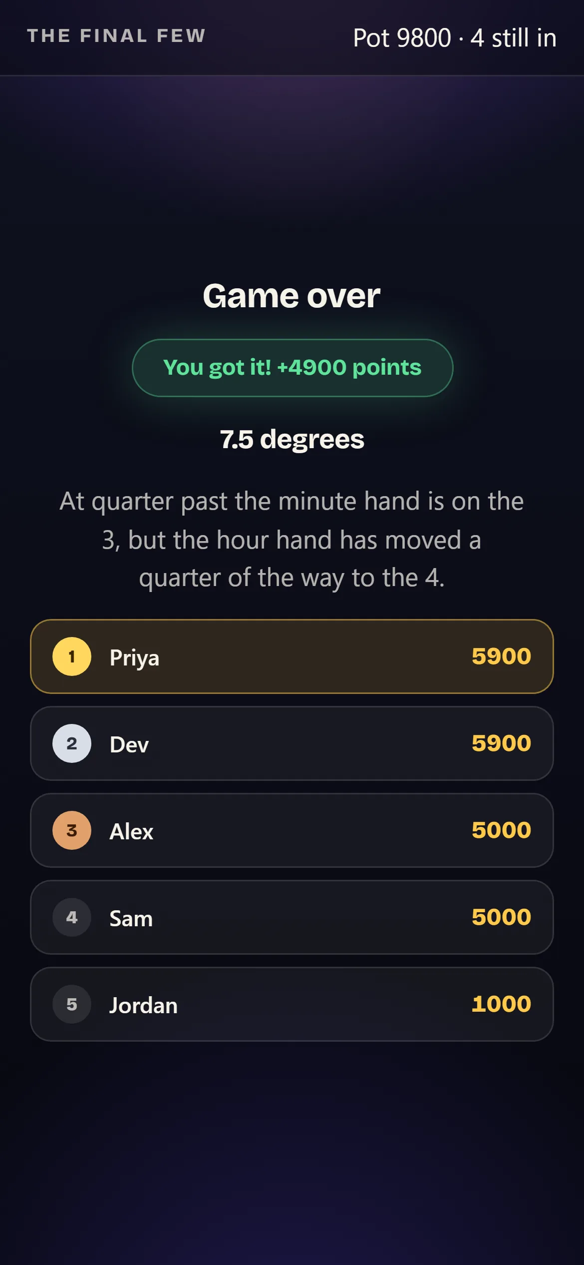 The Final Few results on a phone: the final question and leaderboard