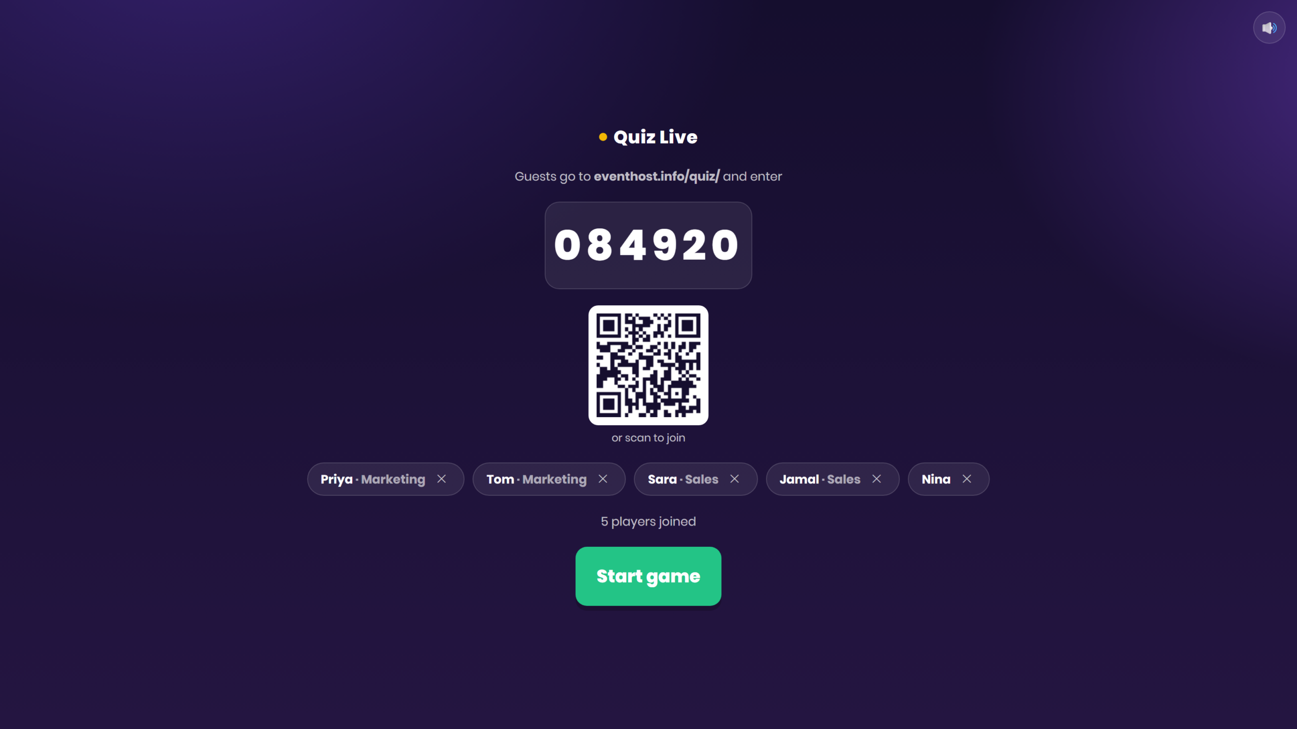 Quiz Live host lobby screen with a QR code for guests to join