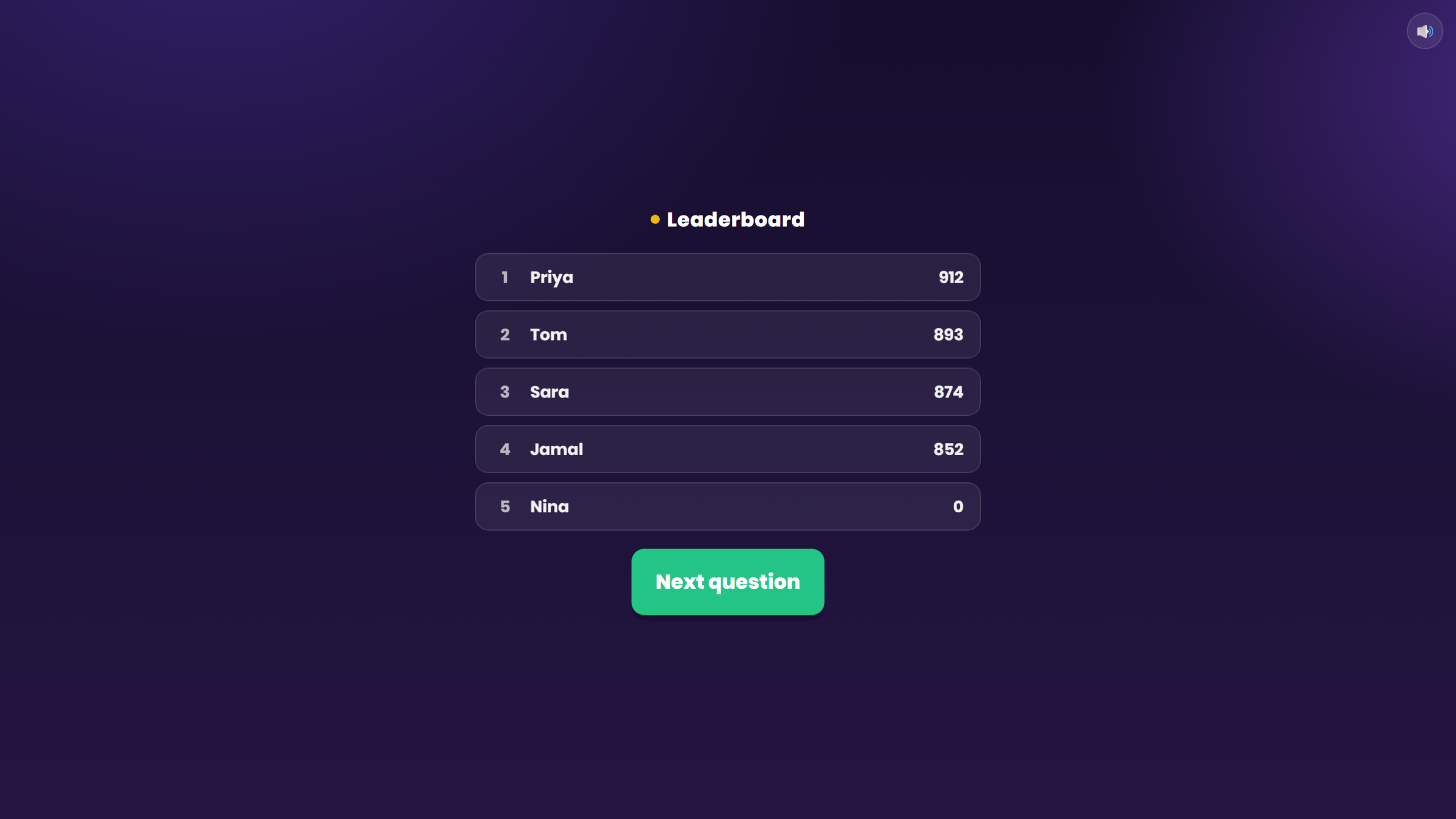 Quiz Live leaderboard screen showing player rankings and scores