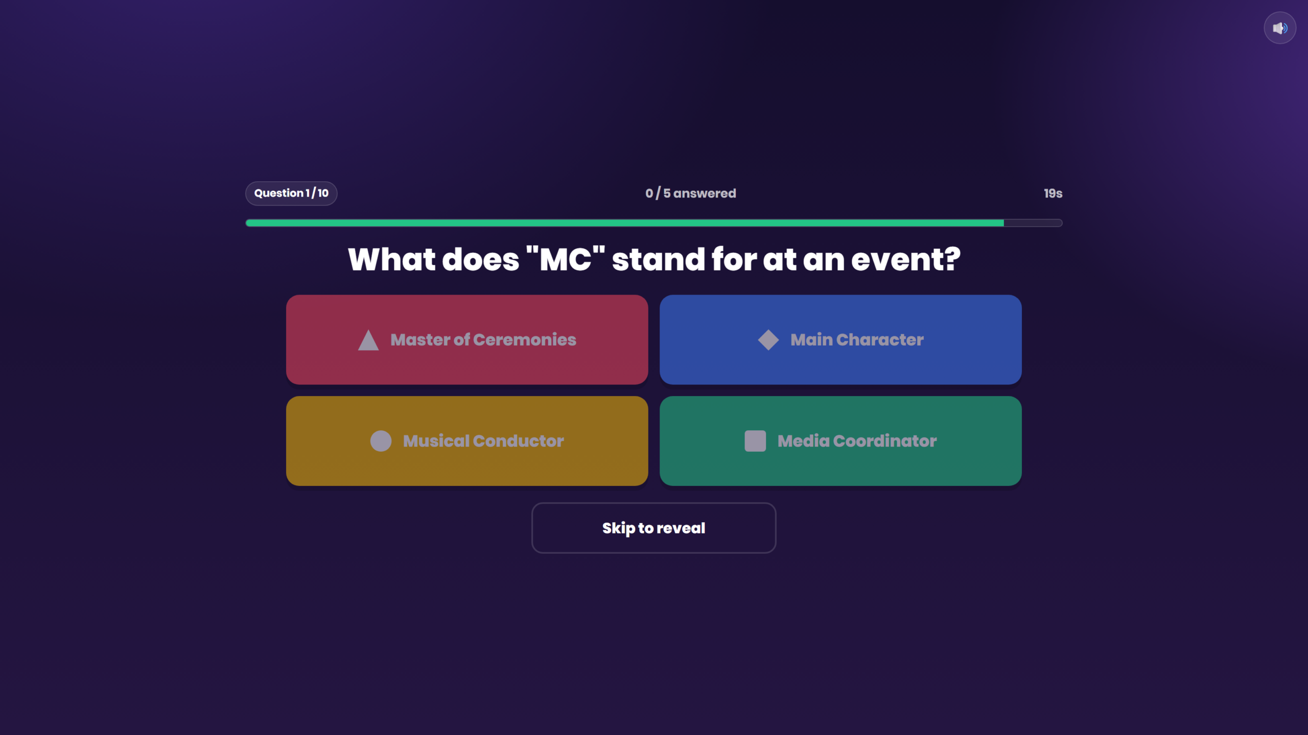 Quiz Live host screen showing a live question with colour answer tiles and a countdown