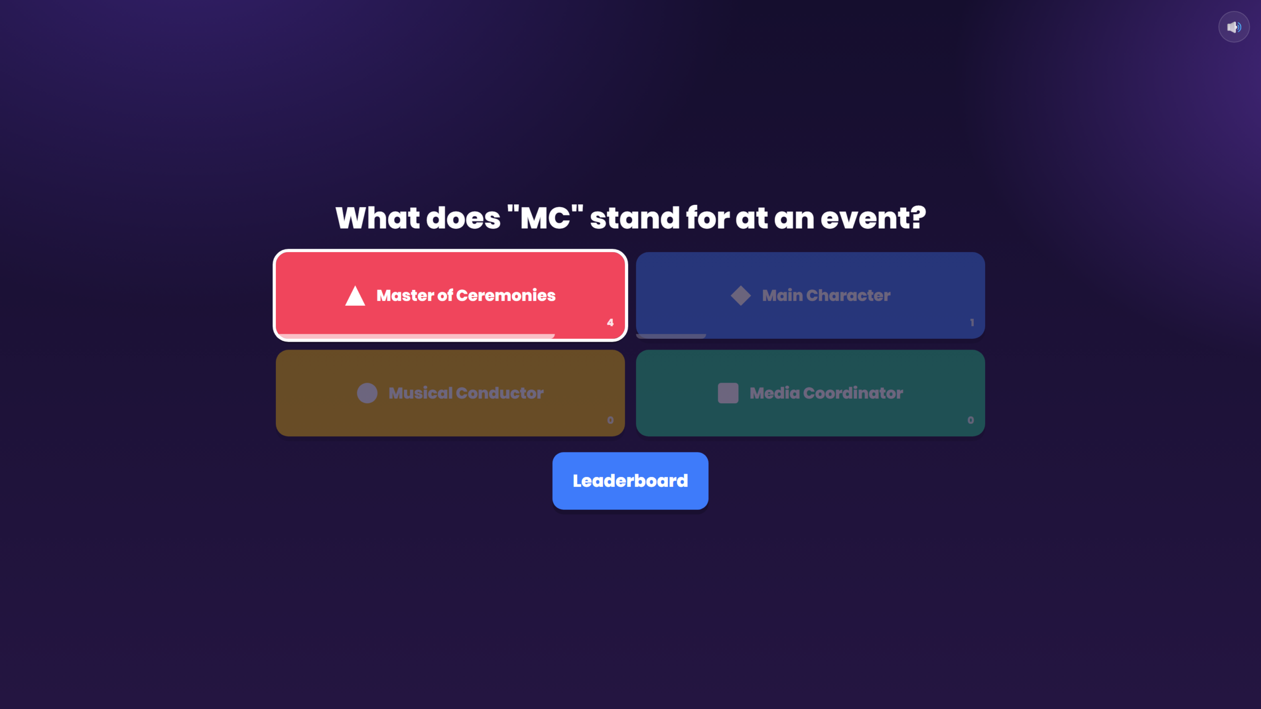 Quiz Live host screen revealing the correct answer with a live results bar chart