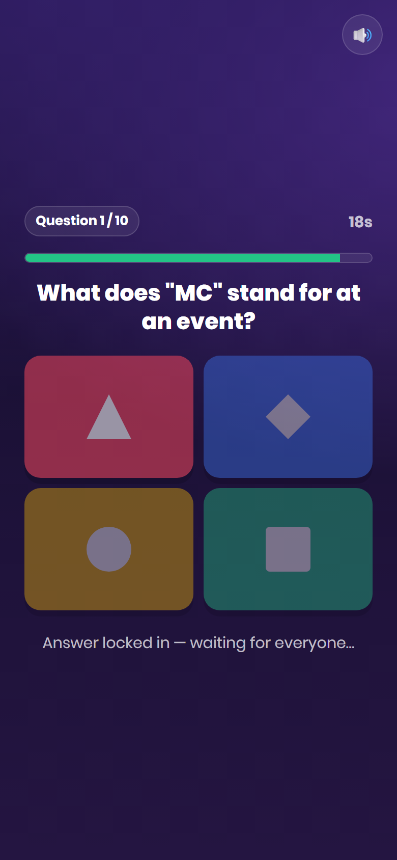 Quiz Live player phone screen showing an answer locked in