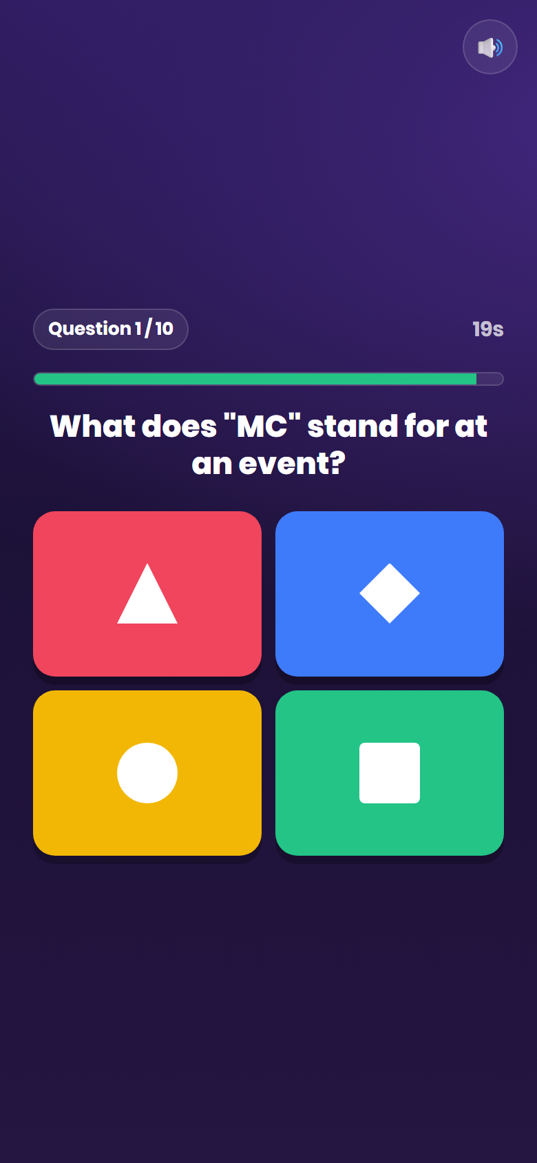 Quiz Live player screen on a phone showing four colour shape answer tiles