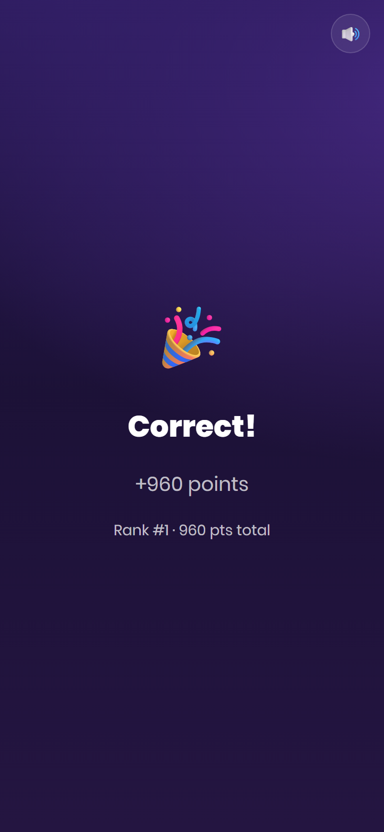 Quiz Live player phone screen showing a correct result and points earned
