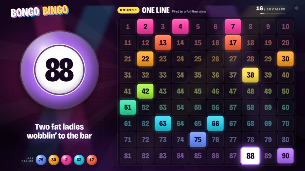 Bongo Bingo big screen showing the called ball