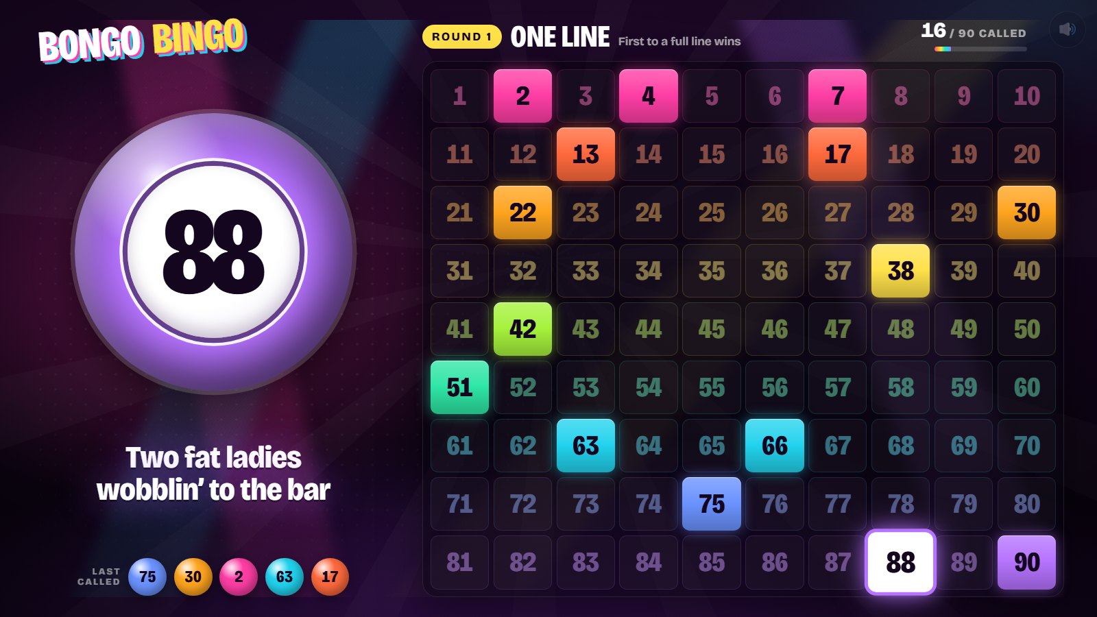Bongo Bingo on the big screen: a giant bingo ball, the caller's line and the rainbow 1 to 90 board