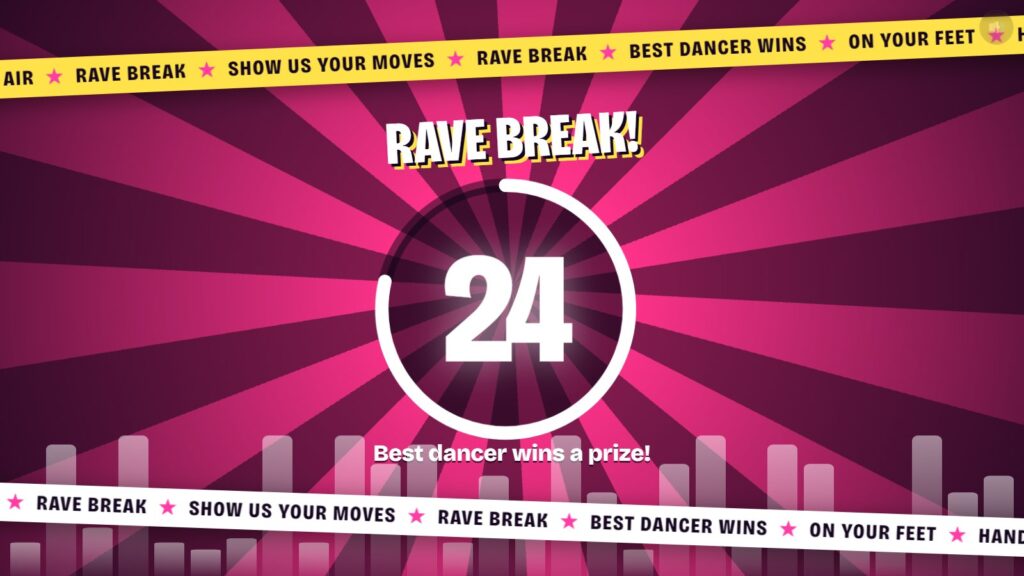 Rave break countdown with a dance prize